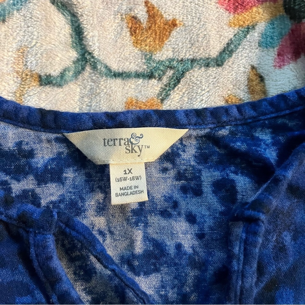 Terra & Sky Vibrant Blue Blouse Plus Size 1X 100% Cotton - Picture 3 of 3